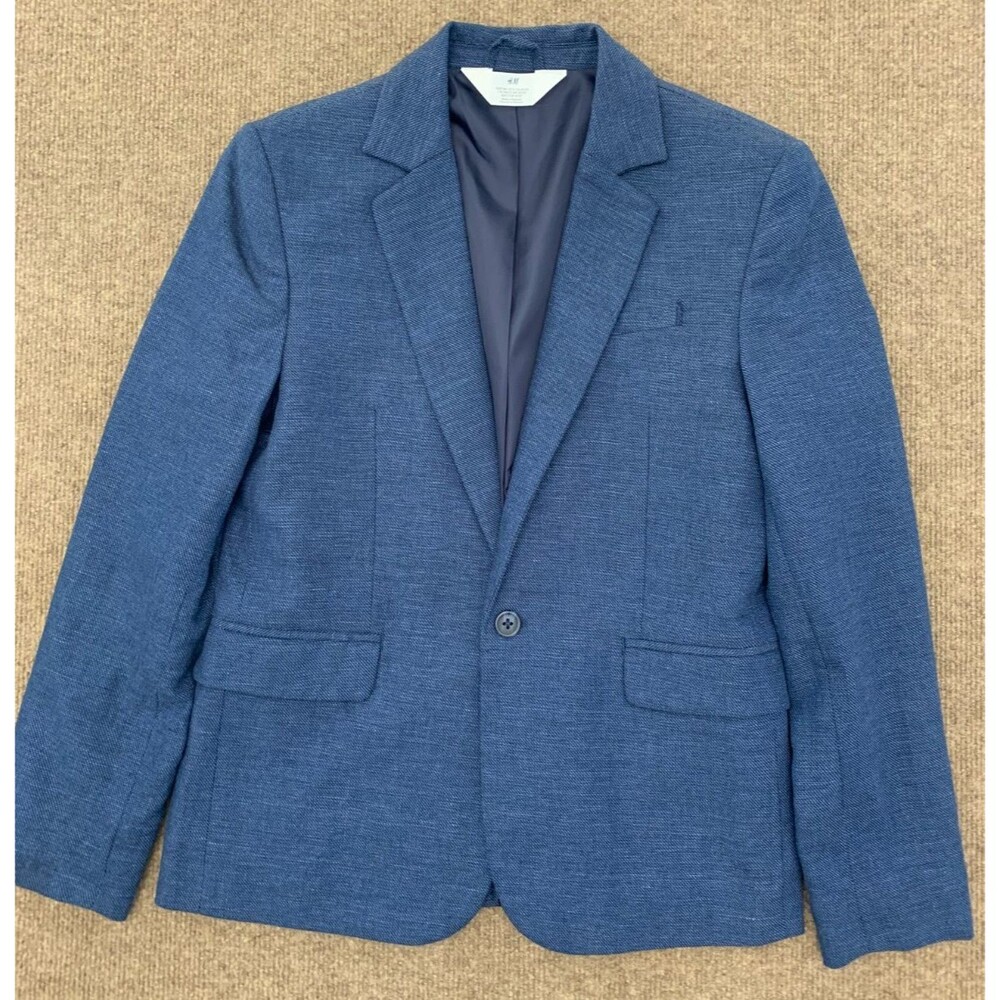 H&M Blazer Boys 12 Linen Cotton Textured Twill Navy Preppy Jacket Sportcoat